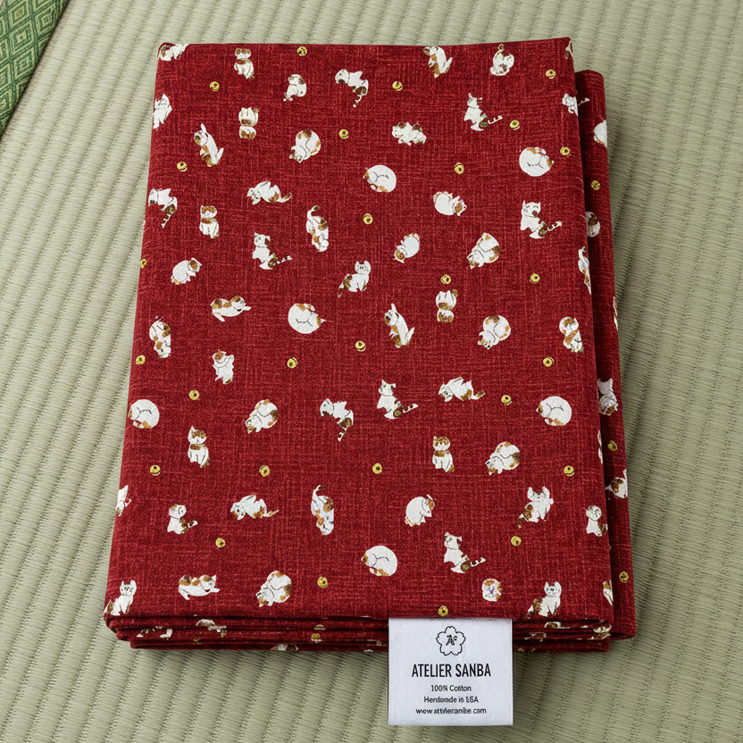 Cats Burgundy Japanese Futon Cover | Handmade Shiki Futon Cover