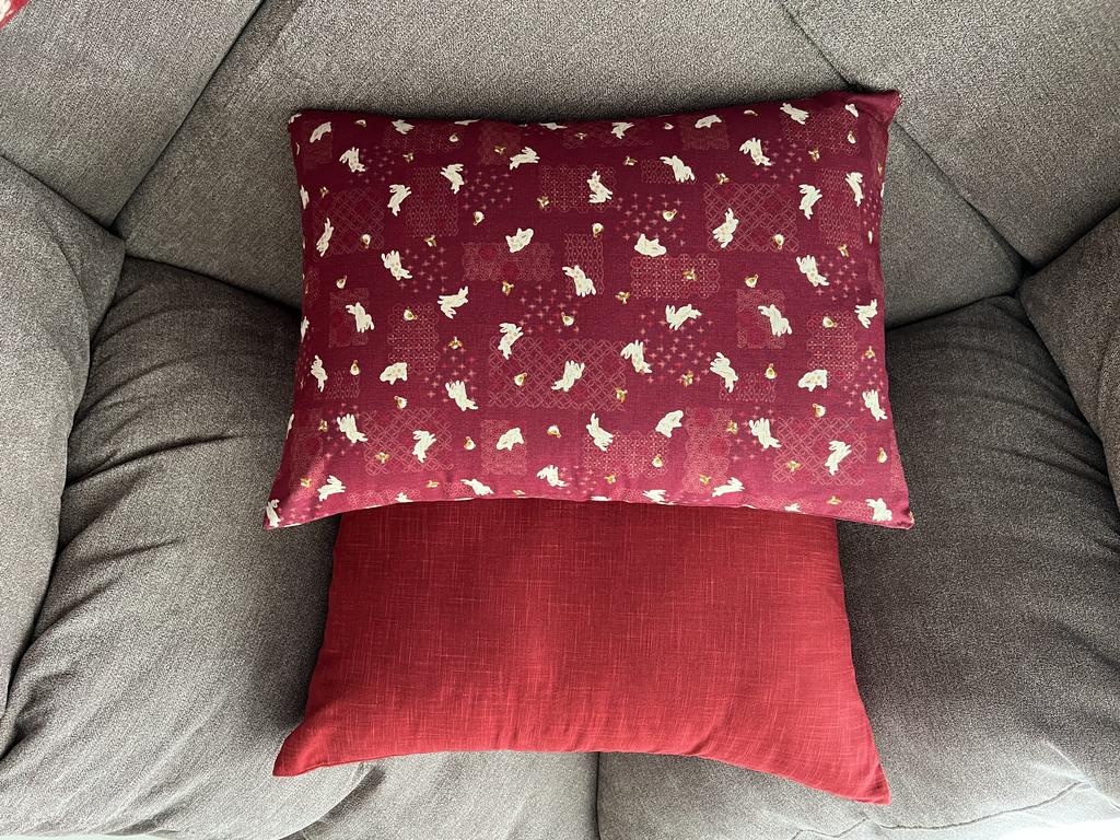 Japanese Bunny Burgundy Fabric Throw Pillow