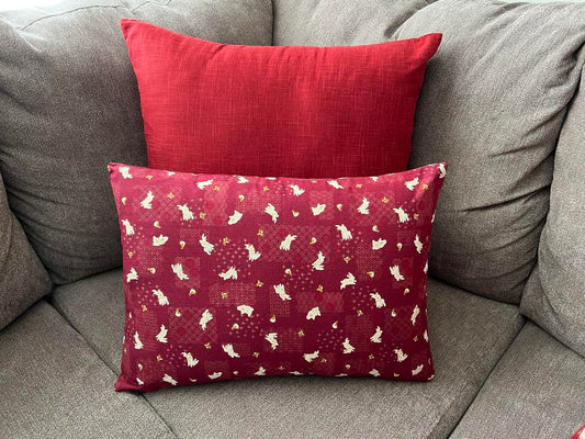 Japanese Bunny Burgundy Fabric Throw Pillow