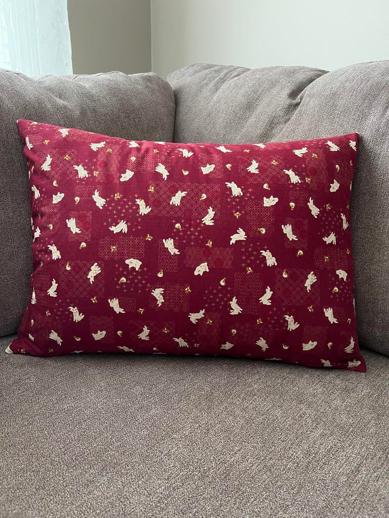 Japanese Bunny Burgundy Fabric Throw Pillow