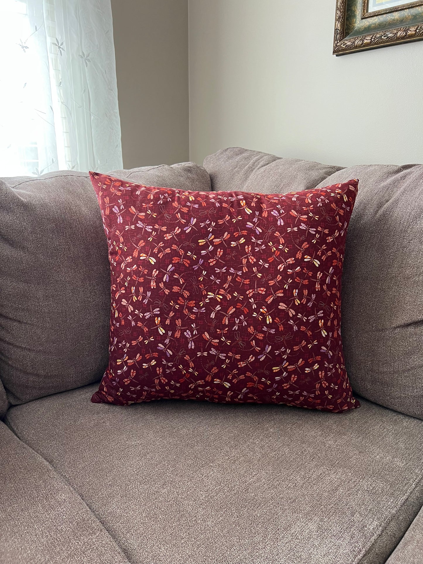 Japanese Tombo Burgundy Fabric Throw Pillow