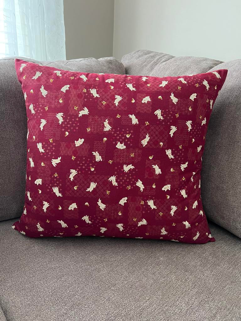 Japanese Bunny Burgundy Fabric Throw Pillow