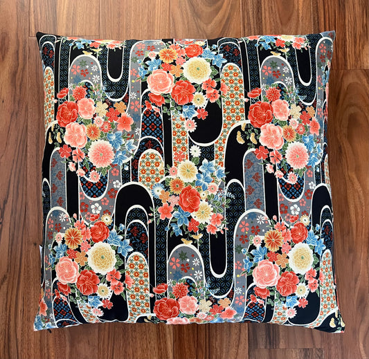 Japanese Zabuton Floor Pillow Floral Black