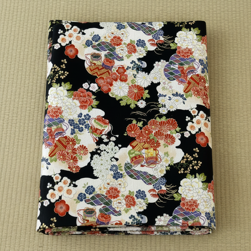 Floral Black Japanese Futon Cover | Handmade Shiki Futon Cover