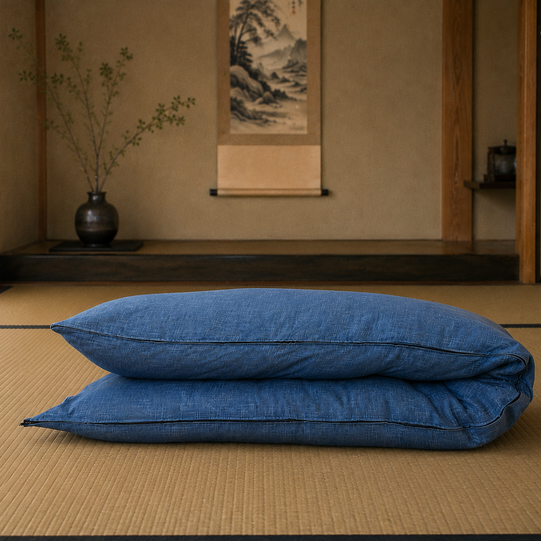 Japanese Shikibuton Futon Mattress with Removable Mura Blue Cover | Handmade Cotton Futon