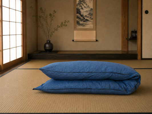 Japanese Shikibuton Futon Mattress with Removable Mura Blue Cover | Handmade Cotton Futon