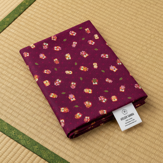 Owl Burgundy Japanese Cotton Futon Cover.  Handmade Shiki Futon Cover.