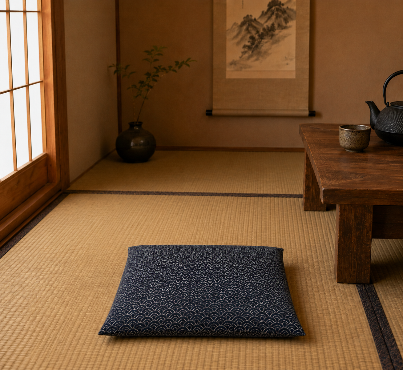 Japanese Zabuton Floor Pillow Seikaiha Navy
