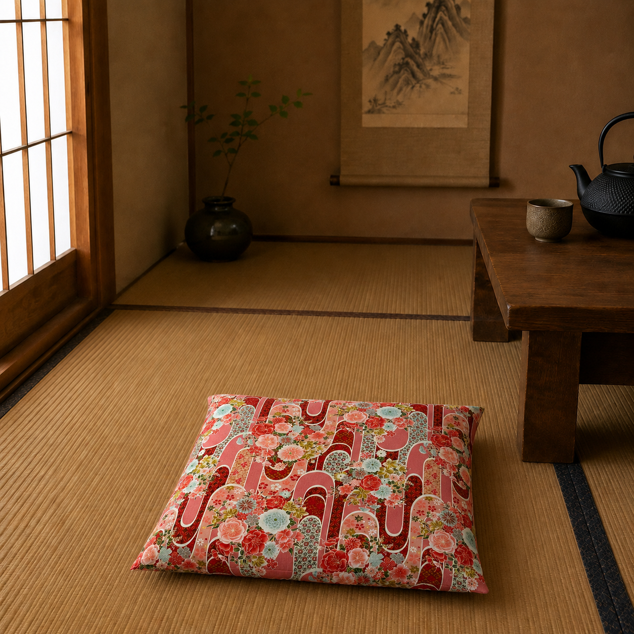 Japanese Zabuton Floor Pillow Floral Red