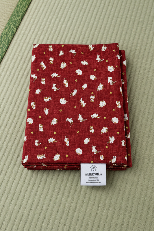 Cats Burgundy Japanese Cotton Futon Cover.  Handmade Shiki Futon Cover.