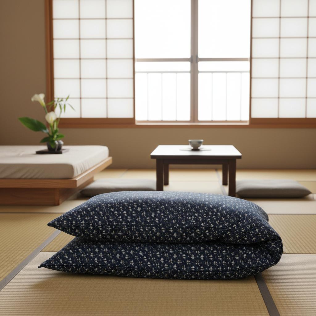 Japanese Shikibuton Futon Mattress with Removable Kasuri Navy Cover | Handmade Cotton Futon
