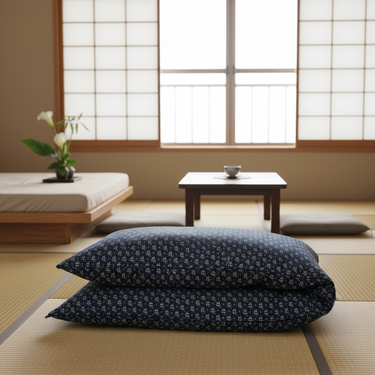 Japanese Shikibuton Futon Mattress with Removable Kasuri Navy Cover | Handmade Cotton Futon