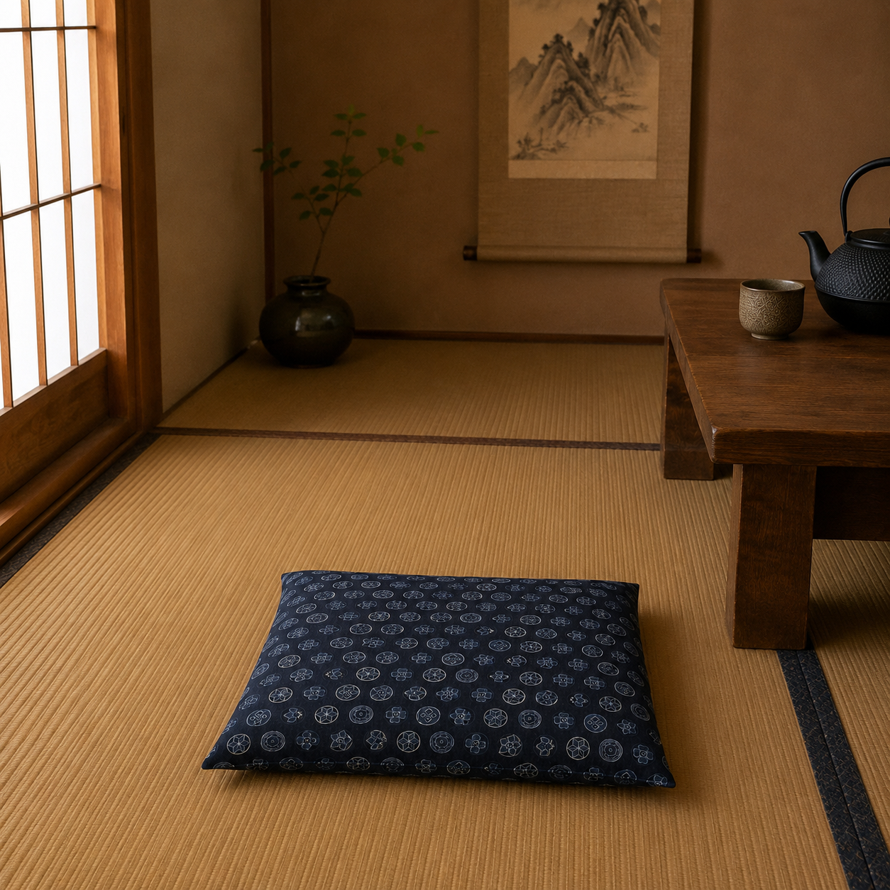 Japanese Zabuton Floor Pillow Kamon Navy