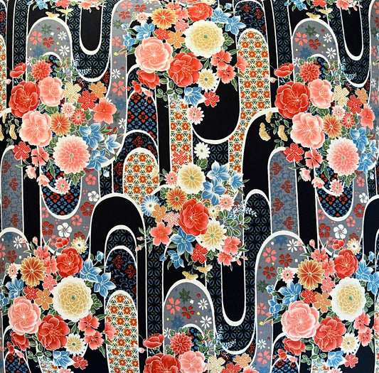Floral Black Japanese Cotton Futon Cover.  Handmade Shiki Futon Cover.