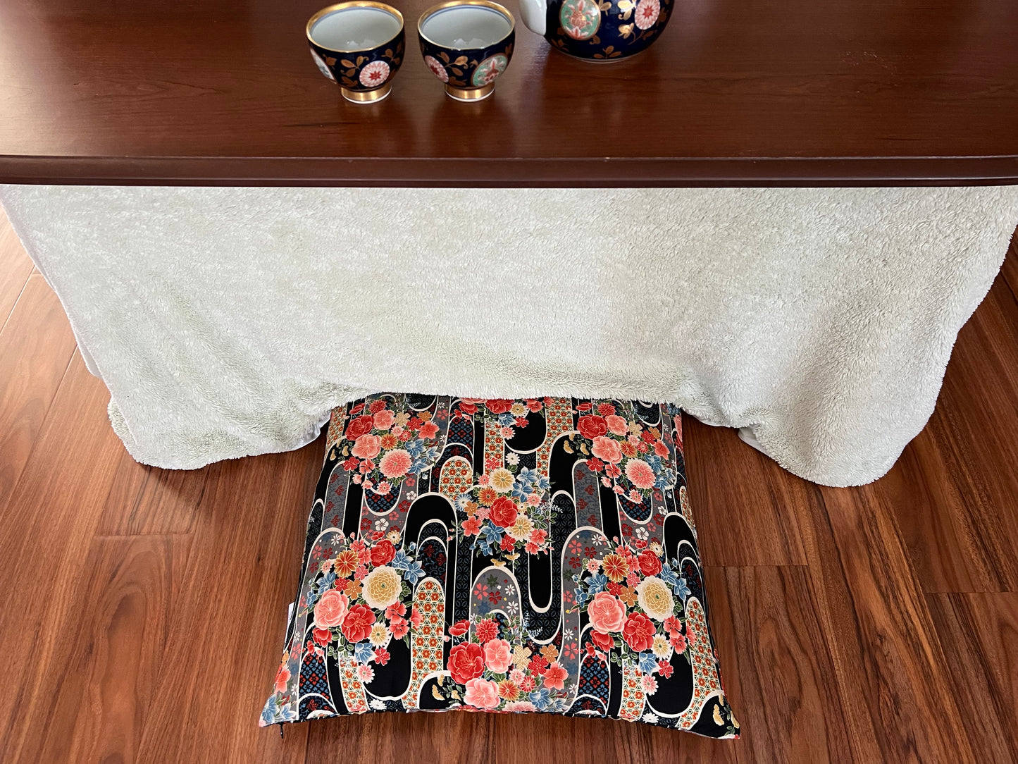 Japanese Zabuton Floor Pillow Floral Black