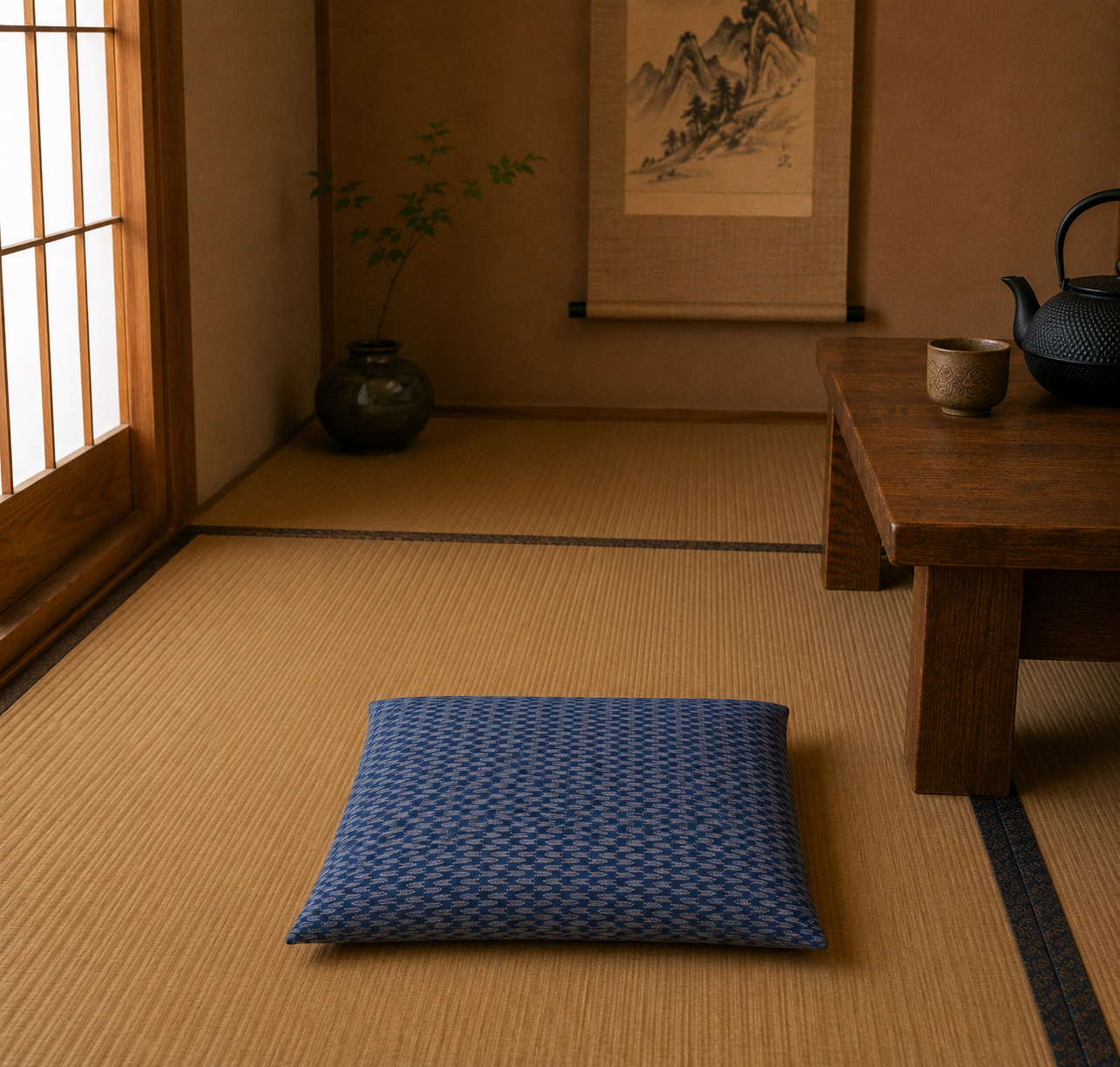 Japanese Zabuton Floor Pillow Yagasuri Blue