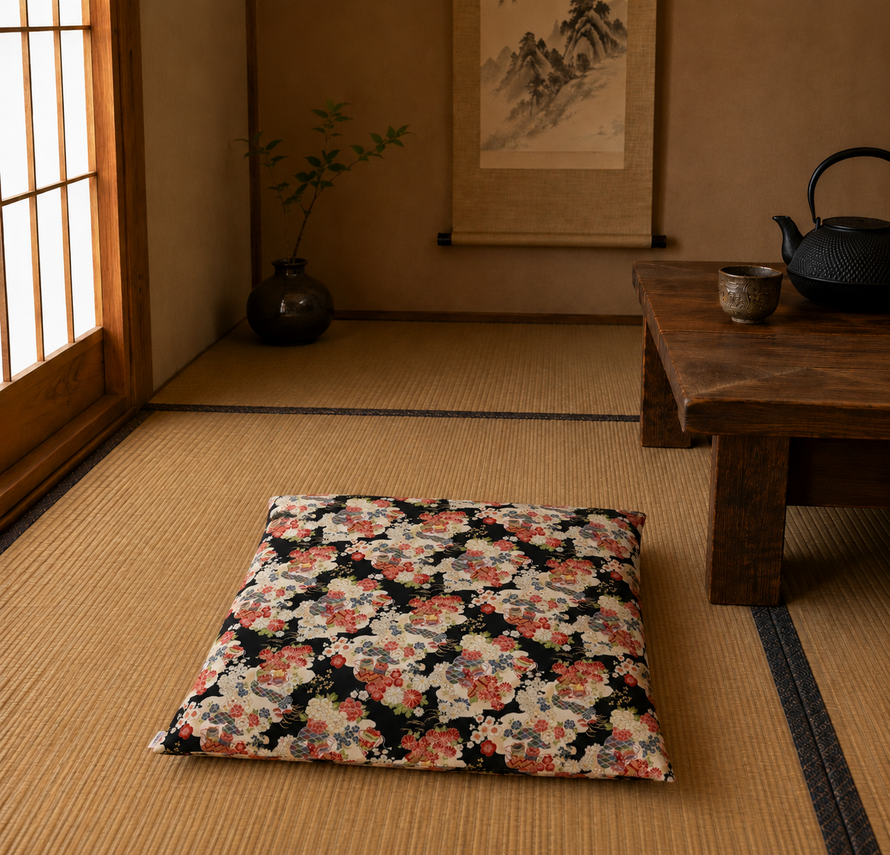 Japanese Zabuton Floor Pillow Floral Black