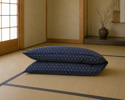 Japanese Shikibuton Futon Mattress with Removable Asa-No-Ha Navy Cover | Handmade Cotton Futon