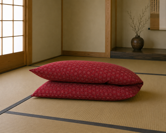 Japanese Shikibuton Futon Mattress with Removable Asa-No-Ha Red Cover | Handmade Cotton Futon