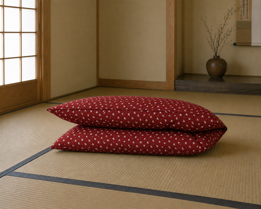 Japanese Shikibuton Futon Mattress with Removable Cats Burgundy Cover | Handmade Cotton Futon
