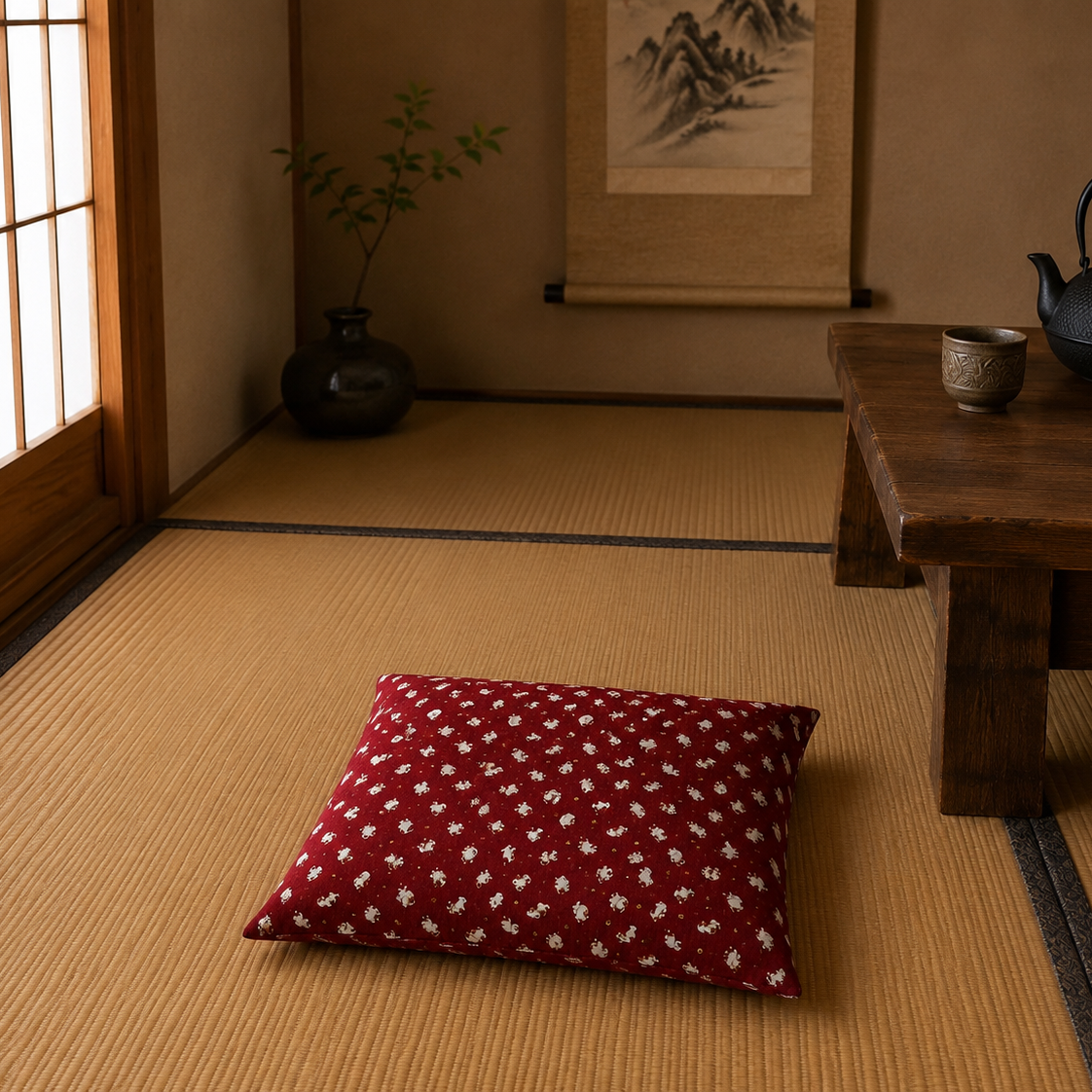 Japanese Zabuton Floor Pillow – Cats Burgundy | Meditation Cushion | Authentic Japanese Fabric