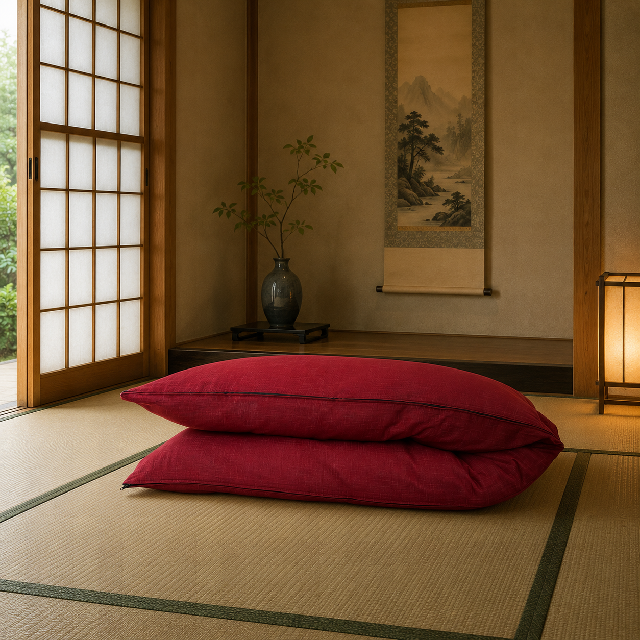 Japanese Shikibuton Futon Mattress with Removable Mura Red Cover | Handmade Cotton Futon