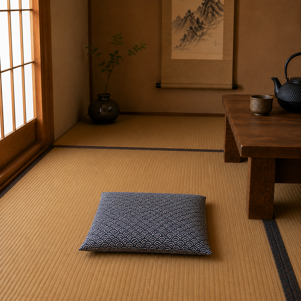 Japanese Zabuton Floor Pillow Seikaiha Shibori