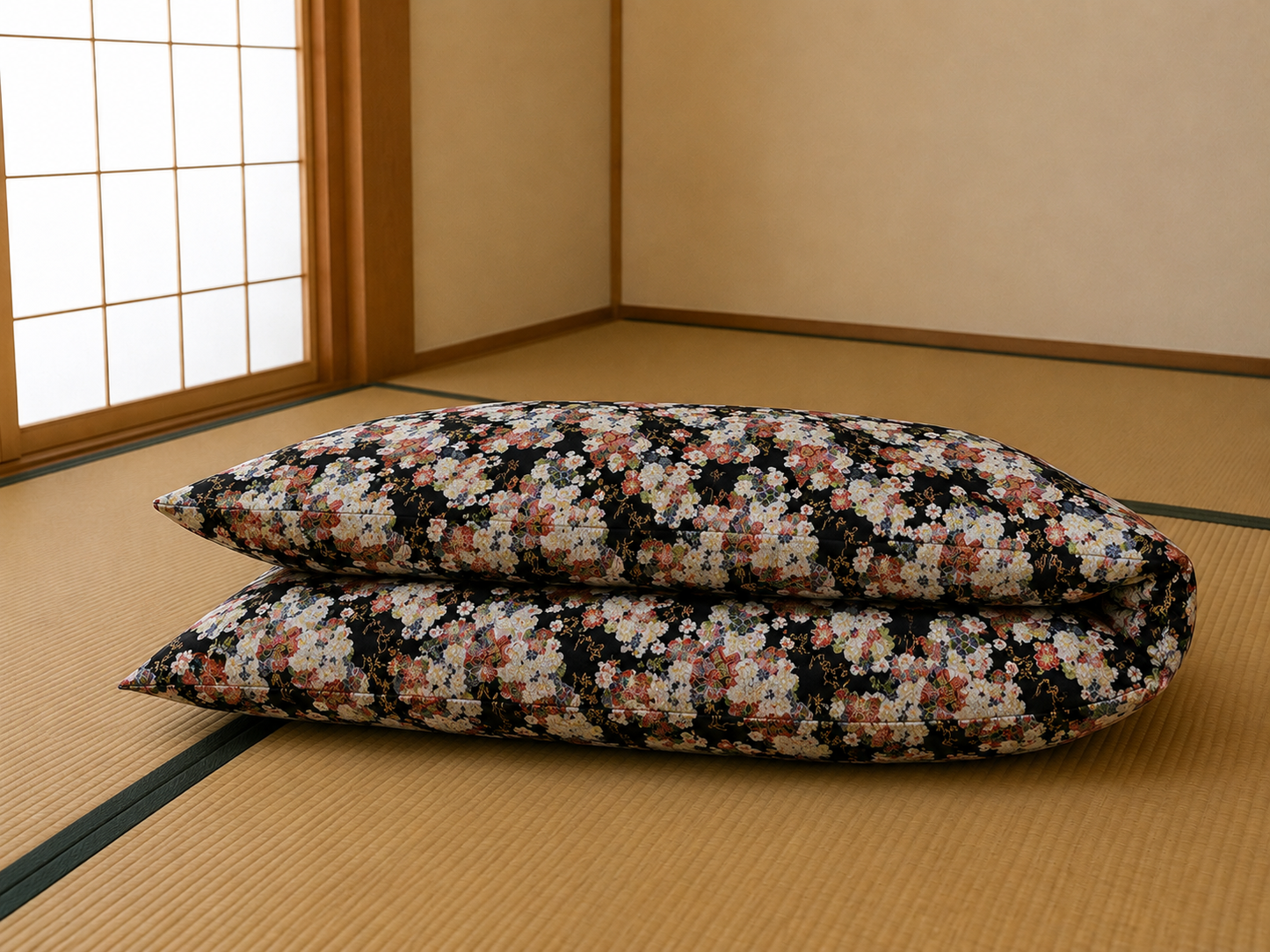 Japanese Shikibuton Futon Mattress with Removable Floral Black Cover | Handmade Cotton Futon