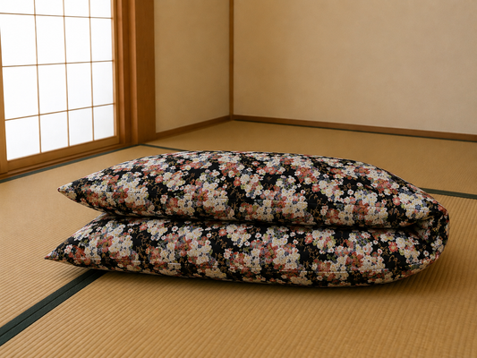 Japanese Shikibuton Futon Mattress with Removable Floral Black Cover | Handmade Cotton Futon
