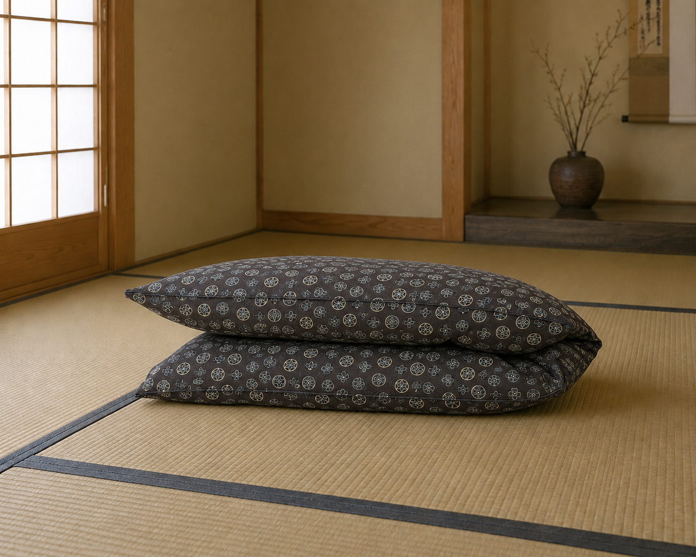 Japanese Shikibuton Futon Mattress with Removable Kamon Family Crest Navy Cover | Handmade Cotton Futon