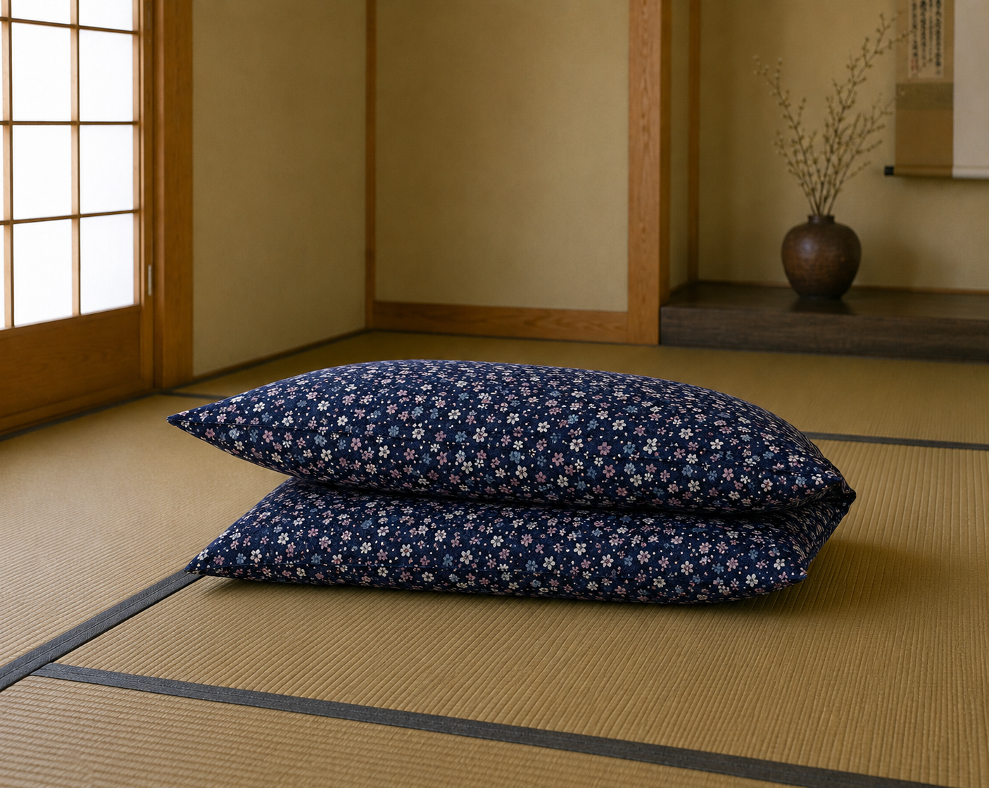Japanese Shikibuton Futon Mattress with Removable Sakura Navy Cover | Handmade Cotton Futon