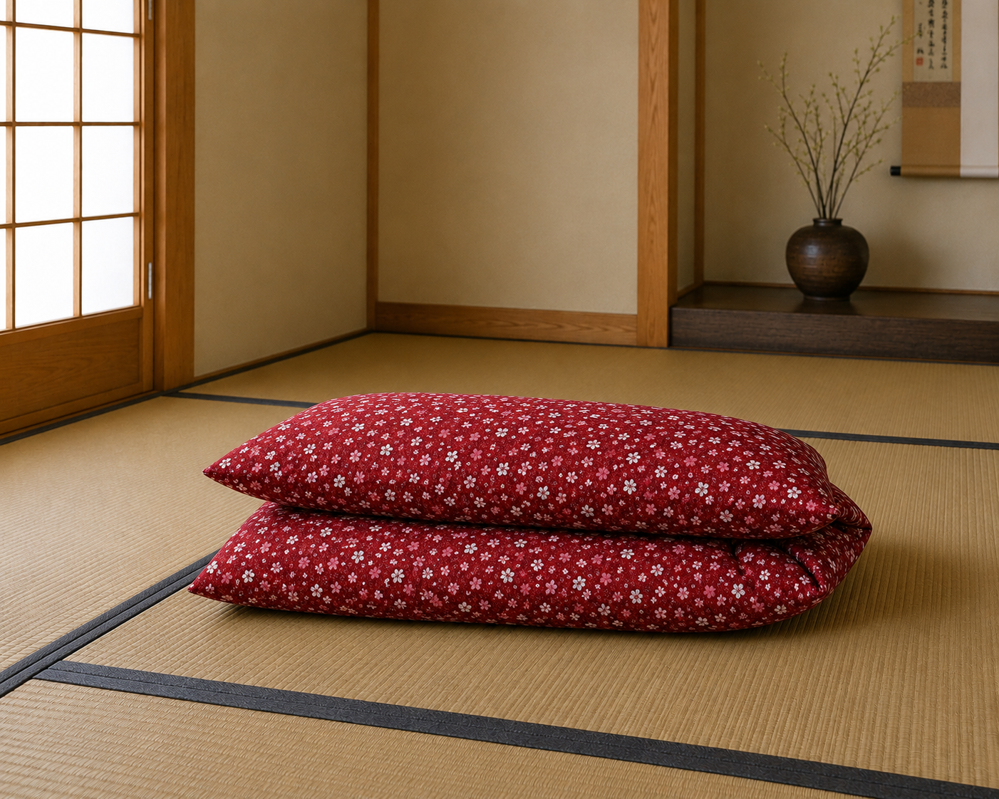 Japanese Shikibuton Futon Mattress with Removable Sakura Red Cover | Handmade Cotton Futon