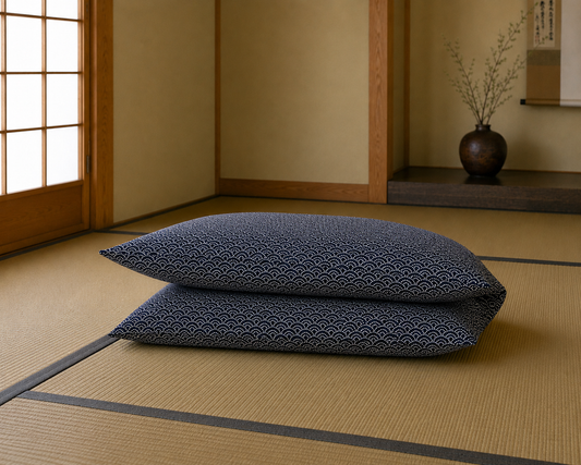 Japanese Shikibuton Futon Mattress with Removable Seikaiha Navy Cover | Handmade Cotton Futon
