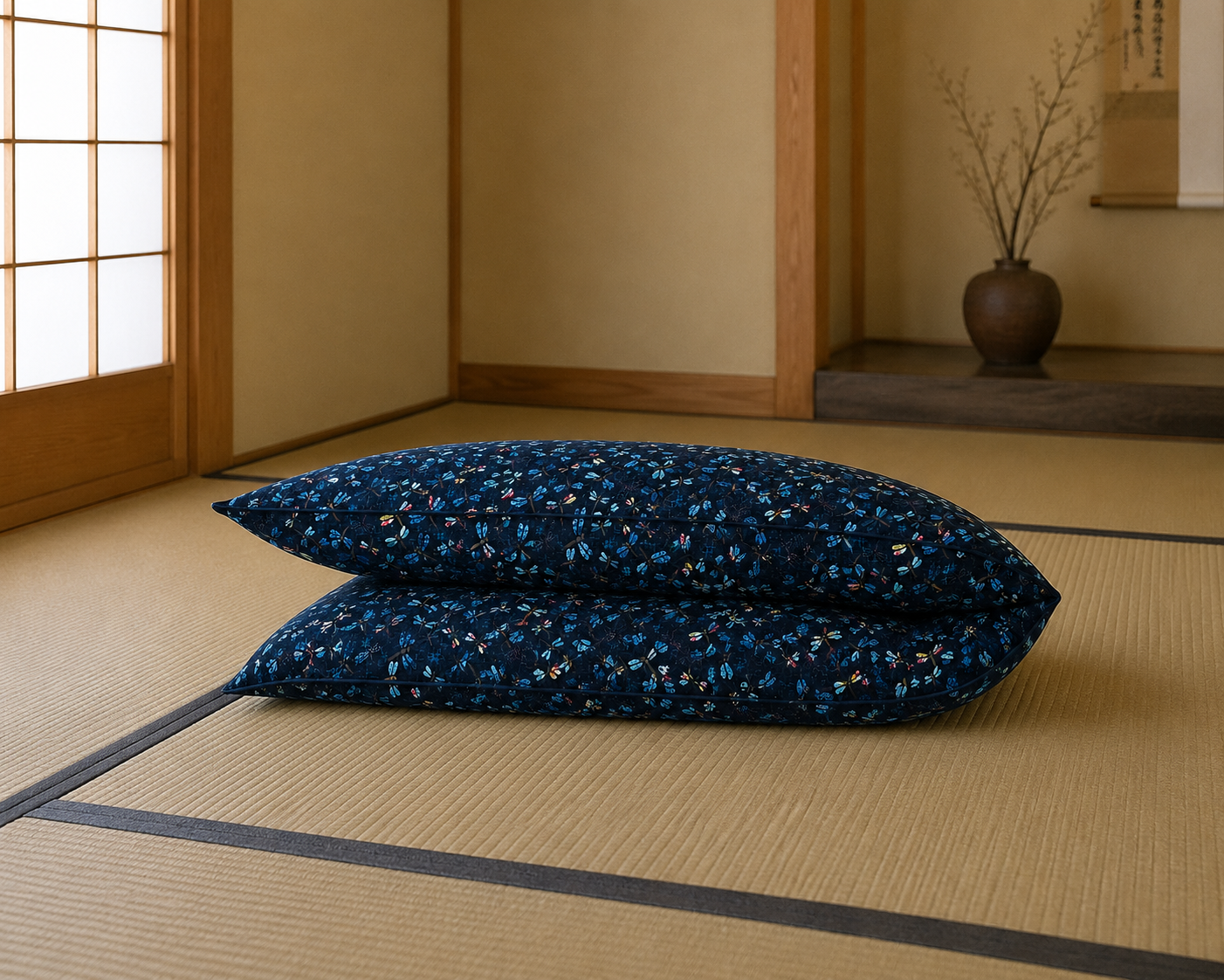 Japanese Shikibuton Futon Mattress with Removable Tombo Navy Cover | Handmade Cotton Futon
