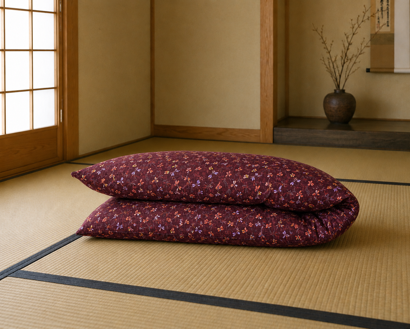Japanese Shikibuton Futon Mattress with Removable Tombo Burgundy Cover | Handmade Cotton Futon