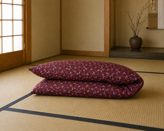 Japanese Shikibuton Futon Mattress with Removable Tombo Burgundy Cover | Handmade Cotton Futon