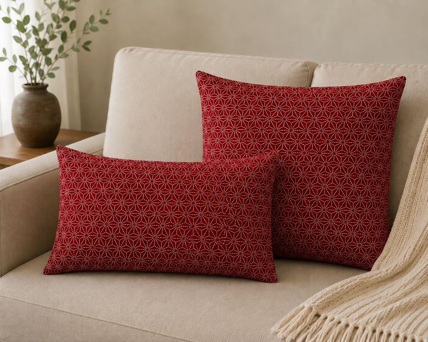 Japanese Asa-No-Ha Red Throw Pillow | Decorative Accent Pillow