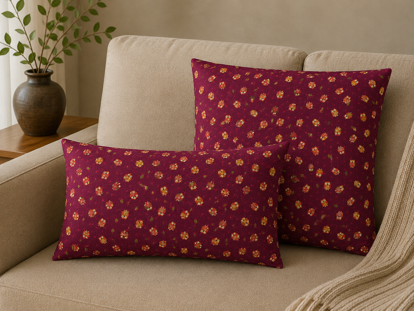 Japanese Owl Burgundy Throw Pillow | Decorative Accent Pillow
