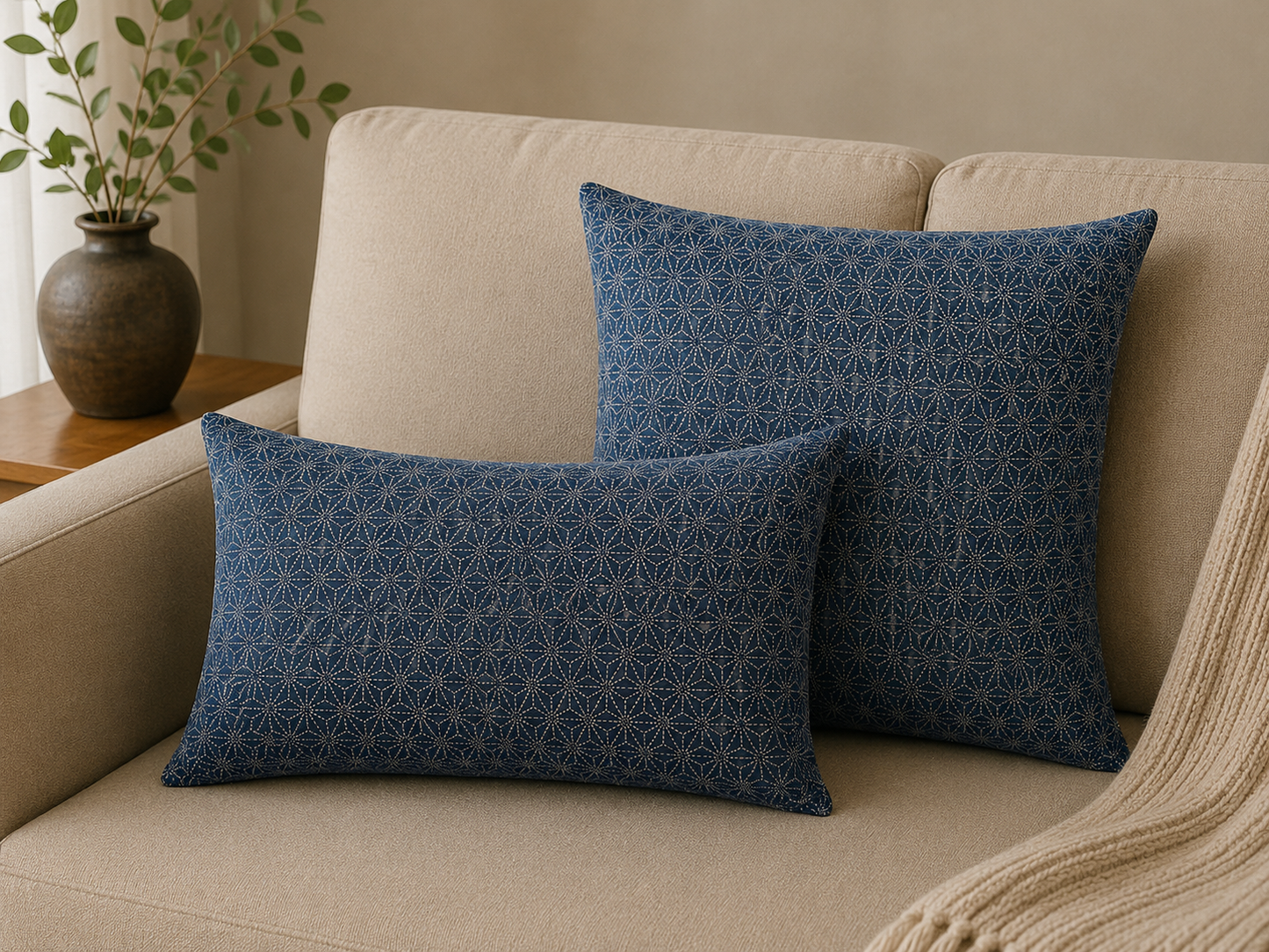 Japanese Asa-No-Ha Navy Throw Pillow | Decorative Accent Pillow
