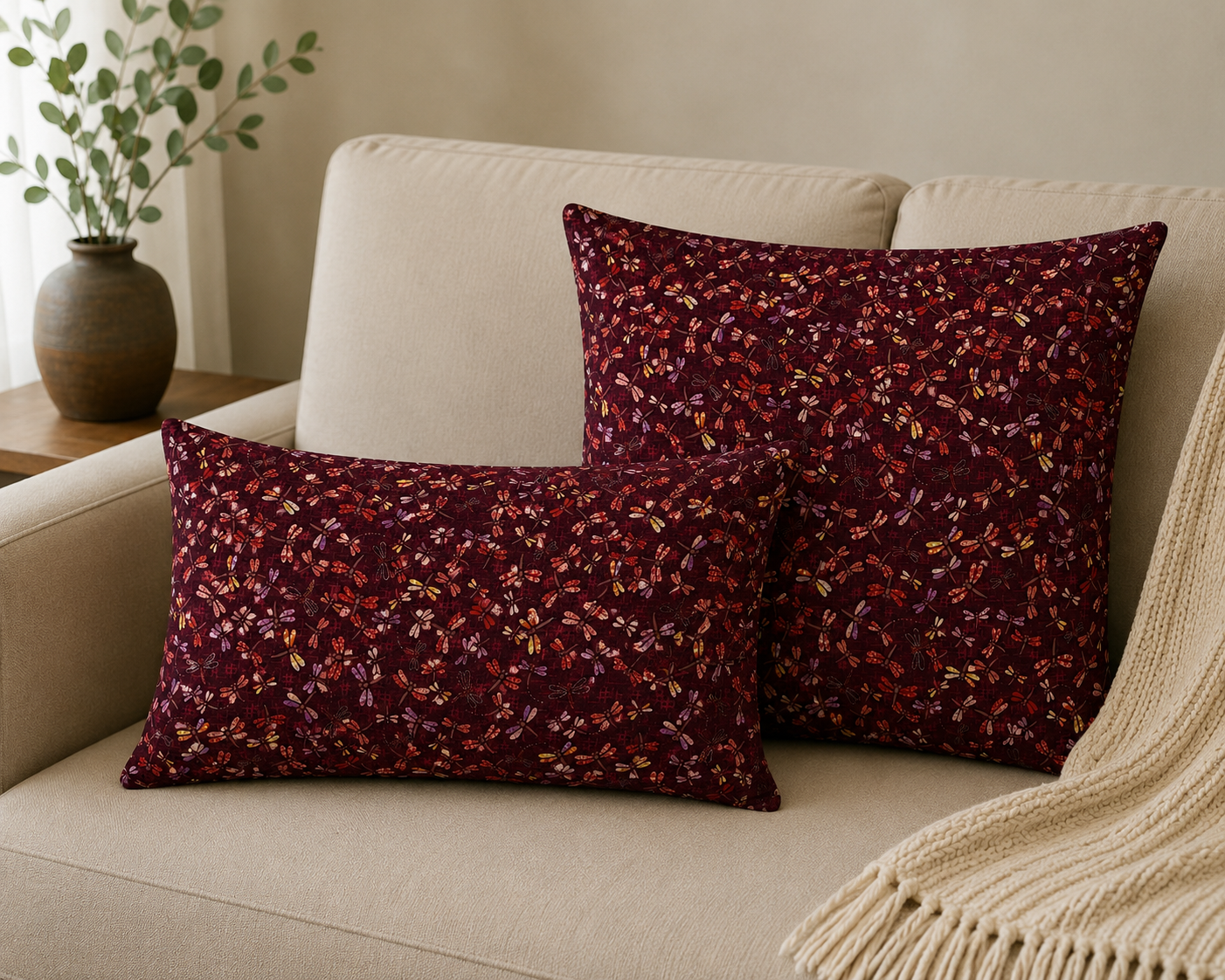 Japanese Tombo Burgundy Throw Pillow | Decorative Accent Pillow