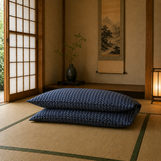Japanese Shikibuton Futon Mattress with Removable Yagasuri Blue Cover | Handmade Cotton Futon
